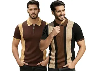AUSK Men's Retro Cable-Knit Quarter-Zip Polo | Premium Textured Self-Design Half Sleeve T-Shirt for Men