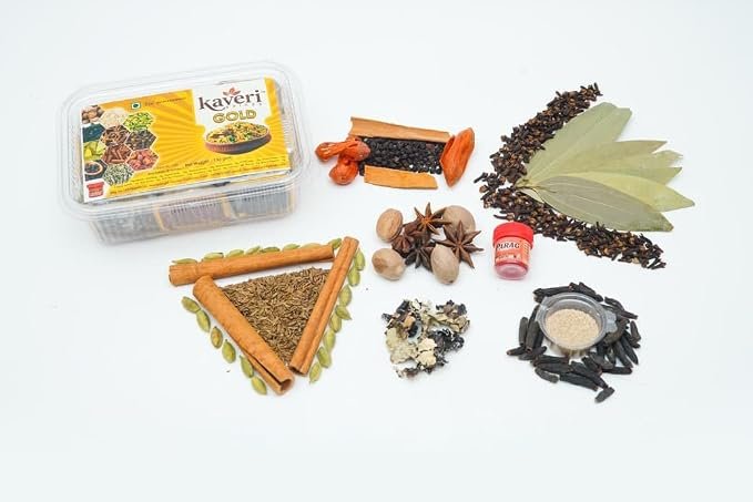 Kaveri Spices gold pack |12 Whole Spices Combo Pack of 130g Kerala Spices - Clove, Cardamom, , Star Anise, nut meg,kapok buds, Bay Leaves, testing salt, foog color , poppy seed , dhalchini , sahijeera, mace,
