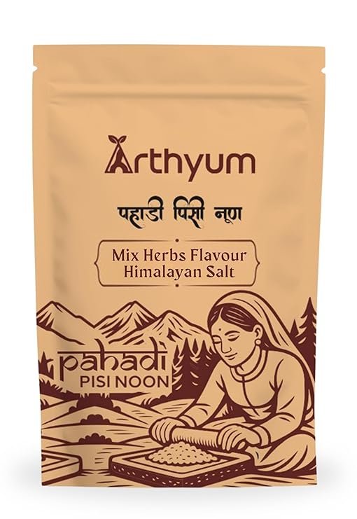 Arthyum Himalayan Pink Flavoured Salt with Mixed Herbs Seasoning mix - Popcorn, Noodles, Salad, Raita, Fruits, Makhana Pasta, Pizza, Salads, Premium Sprinkler | Unprocessed | Pure & Natural Traditional Grounded Salt ( Silbata) | Healthy Italian Spice Blend Authentic from Pahadi Pisi Noon| 100gm